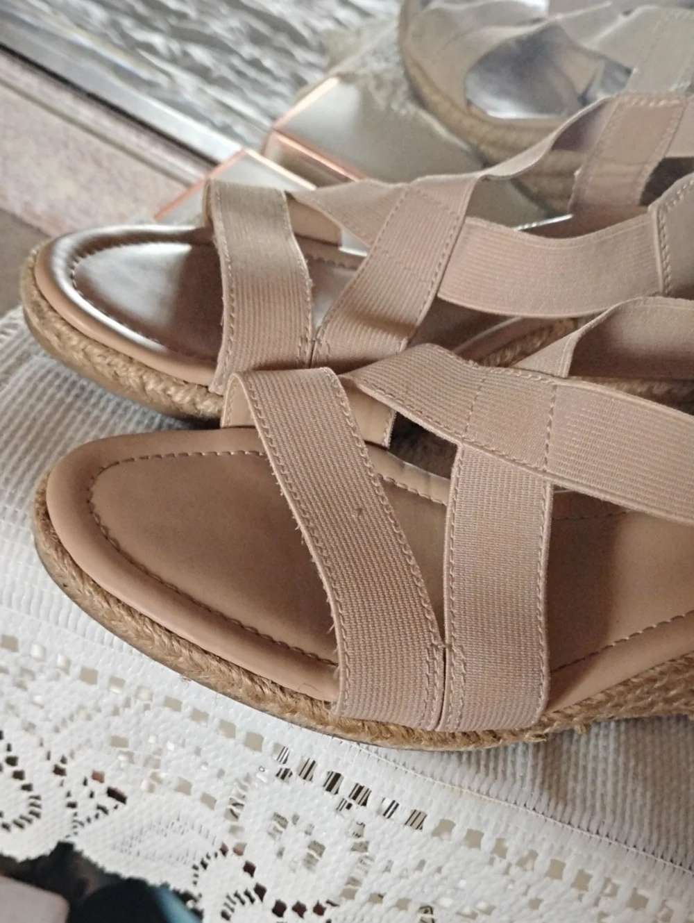KAREN SCOTT Super Comfort Orthopedic Beige Elastic-Strap WedgeS 8.5